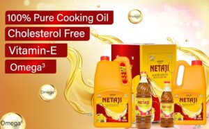 Bottle of Netaji Kachi Ghani Mustard Oil with mustard seeds and traditional Indian spices, highlighting purity and cold-pressed quality