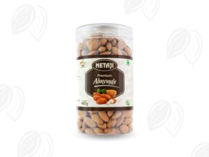 Farmers handpicking fresh Netaji Almonds during harvest season in India.