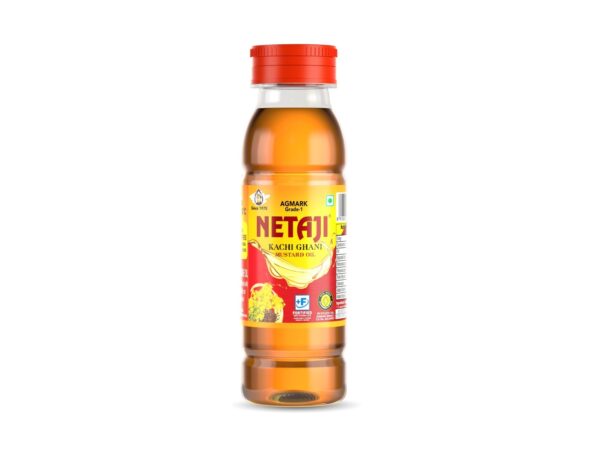 "100 ml ( 28 bottle Pack ) of Netaji Netaji Kacchi Ghani Mustard Oil with yellow label and red cap, featuring branding and mustard oil details on the front.