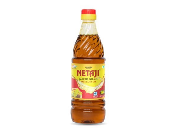 "500-ml PET bottle of Netaji Netaji Kacchi Ghani Mustard Oil with yellow label and red cap, featuring branding and mustard oil details on the front.