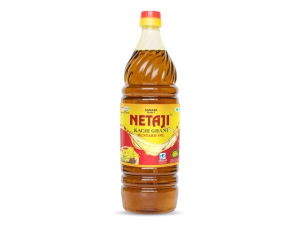 "1-litre PET bottle of Netaji Netaji Kacchi Ghani Mustard Oil with yellow label and red cap, featuring branding and mustard oil details on the front.