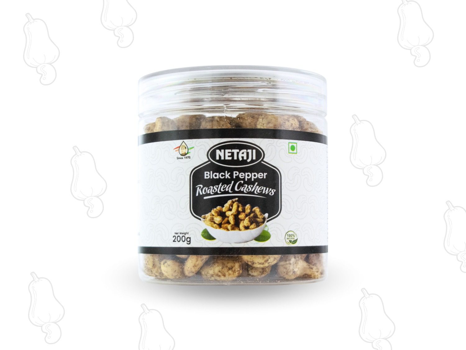 “Netaji Roasted Black Pepper Cashew Nuts in 200g airtight jar – spicy and crunchy premium cashews”