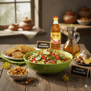 Health Hail Snacks made with pure cold-pressed mustard oil, featuring crunchy, wholesome, and heart-healthy bites in a flavorful, traditional Indian snack mix.