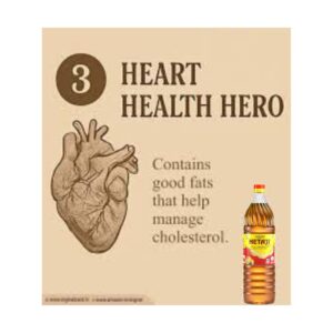 Bottle of Netaji Kacchi Ghani Mustard Oil highlighting heart health benefits like omega-3, MUFA, and natural antioxidants