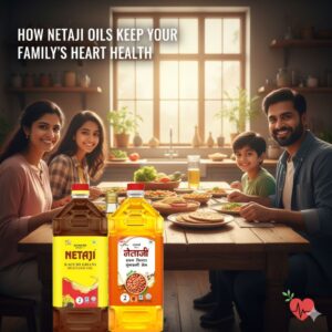 Bottle of Netaji Oil promoting heart health for families