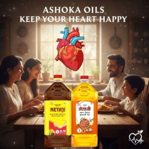 Happy family cooking with Netaji Oils — heart-healthy, pure, and rich in good fats and antioxidants.