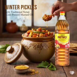 Traditional Indian winter pickle made with cauliflower, carrot, and turnip in Netaji Cold Pressed Mustard Oil”