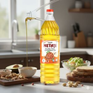 Bottle of Netaji Double Filtered Groundnut Oil on a kitchen counter