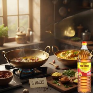 Finished curry with a drizzle of raw mustard oil for enhanced flavor