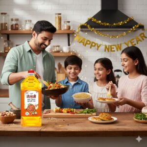 Netaji Groundnut Oil next to fresh vegetables and festive dishes, symbolizing healthy cooking for a joyful New Year celebration.