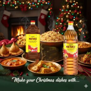 Bottle of Netaji Kacchi Ghani Mustard Oil placed beside freshly prepared Christmas dishes.