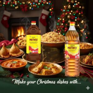 Bottle of Netaji Kacchi Ghani Mustard Oil placed beside freshly prepared Christmas dishes.