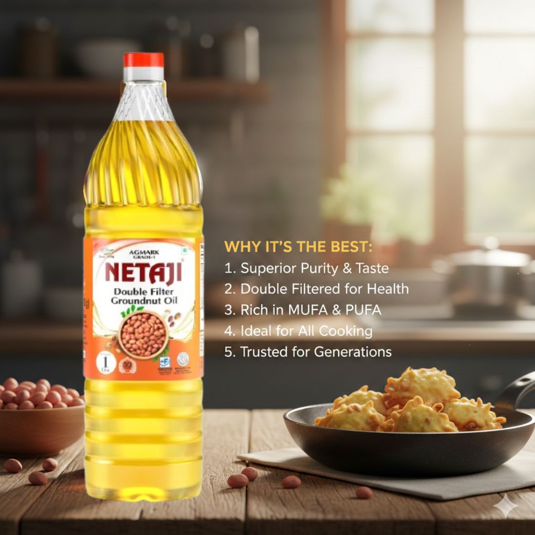 Netaji Double Filter Groundnut Oil used for cooking in an Indian kitchen