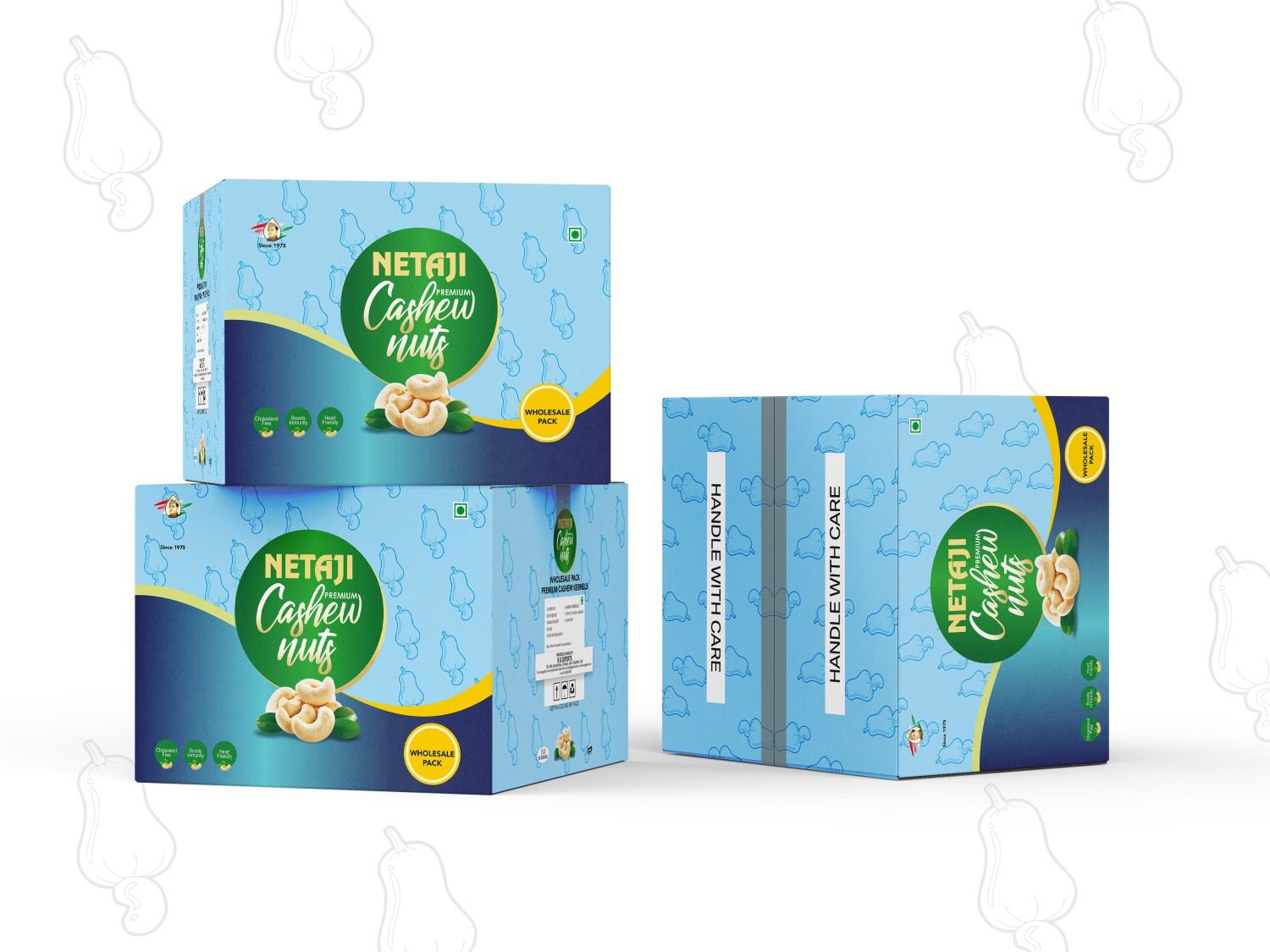 Netaji Premium whole cashew nuts, grade W320, shown in their wholesale packaging of two 10 kg tins or boxes.