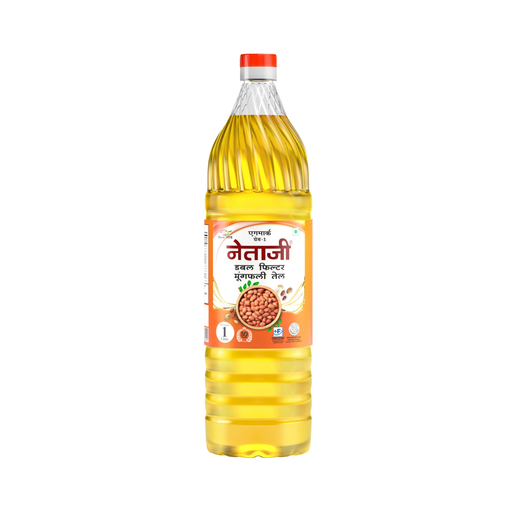 "1 Liter pet bottle of Netaji Double Filtered Groundnut Oil with clear golden oil and red label."