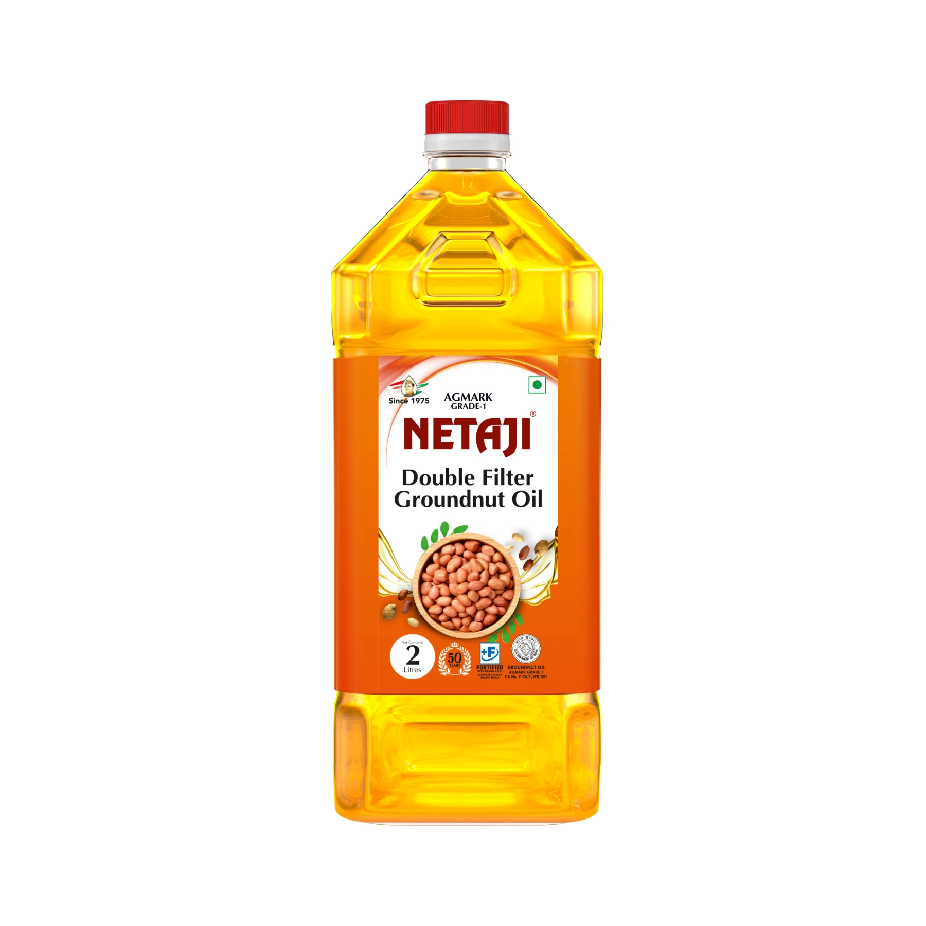 "2 Liter pet bottle of Netaji Double Filtered Groundnut Oil with clear golden oil and red label."