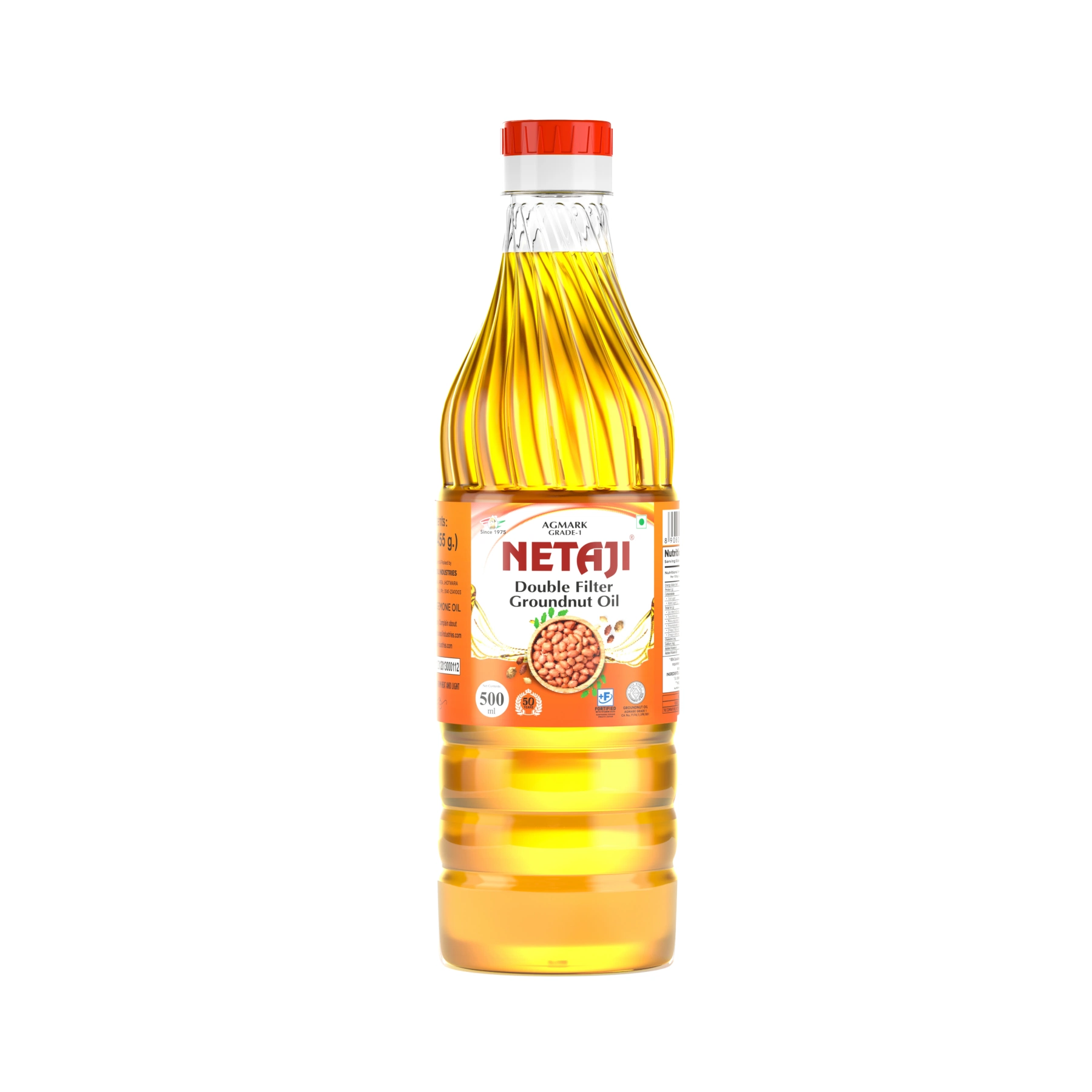 "500ml bottle of Netaji Double Filtered Groundnut Oil with clear golden oil and red label."