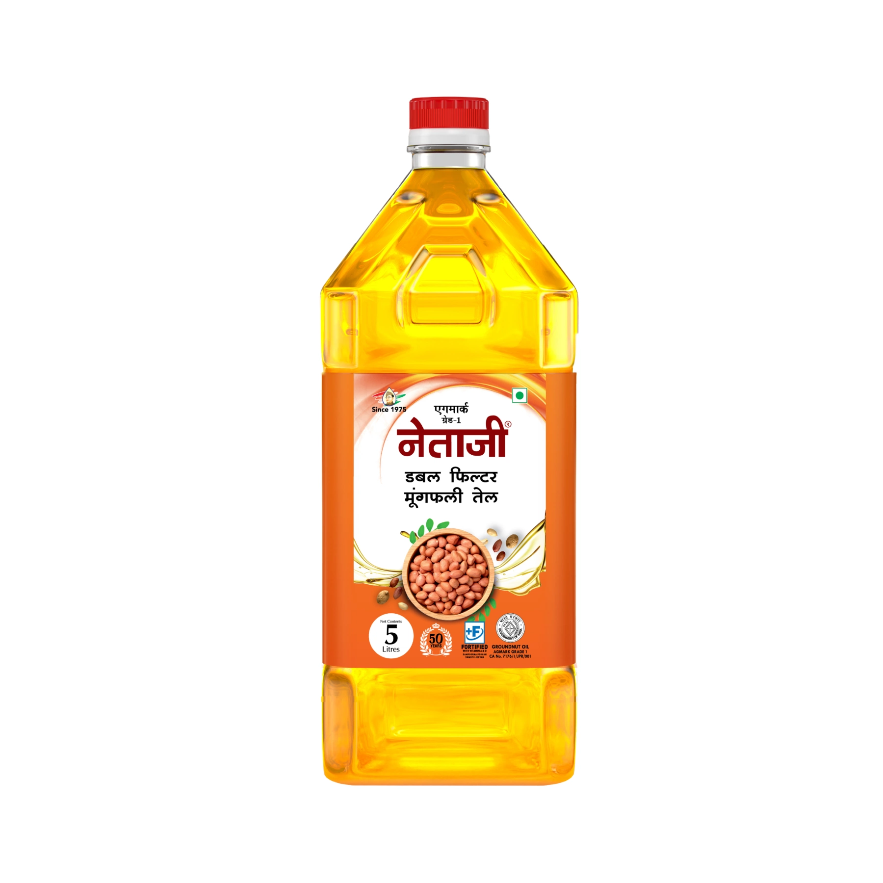"5 Liter pet bottle of Netaji Double Filtered Groundnut Oil with clear golden oil and red label."